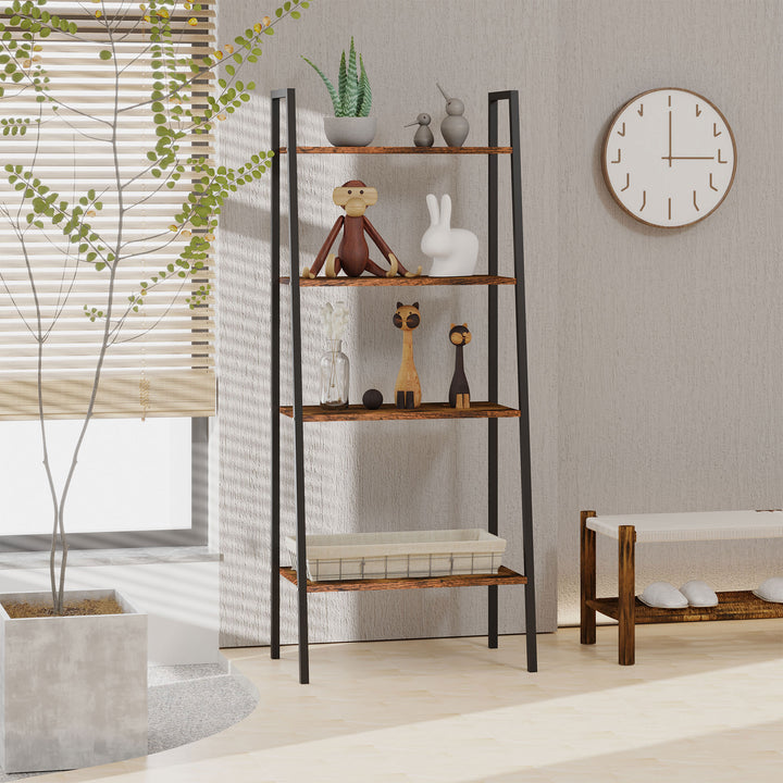 Ladder Shelf, Bookshelf, 4-Tier Industrial Storage Rack for Living Room, Bedroom, Kitchen, Rustic Brown and Black