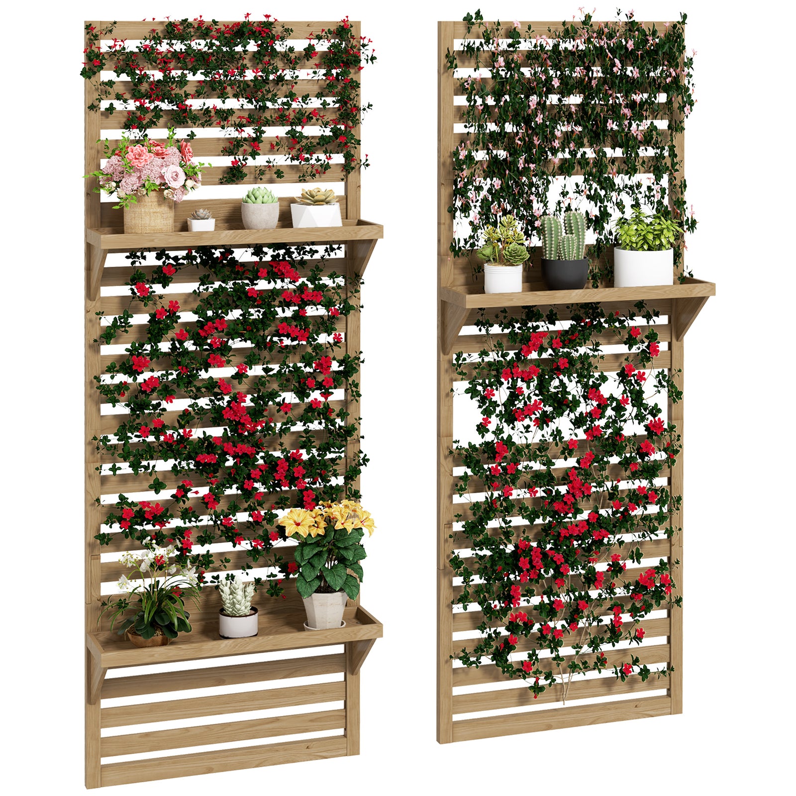 Wall Mounted Plant Stands Set of 2, Fir Wood Flower Stand with Shelves and Slatted Trellis for Patio, Balcony, Porch