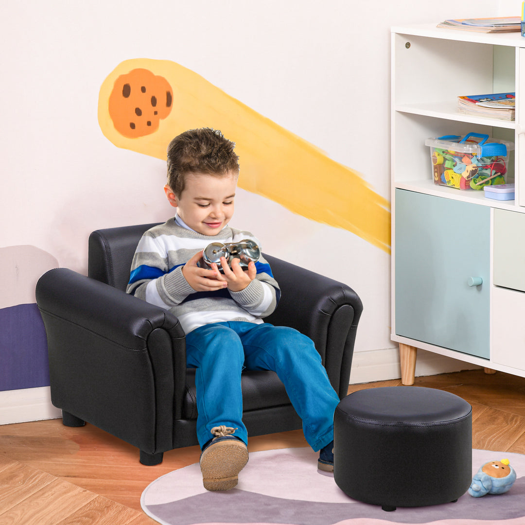 HOMCOM Toddler Chair Single Seater Kids Sofa Set, 54 x 42 x 41cm, Kids Sofa with Stool, Black | Aosom UK