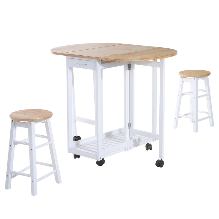 3 Pieces Dining Room Set, Mobile Foldable Dining Table and 2 Stools with Storage Shelf, 2 Drawers and 6 Wheels, Drop Leaf Bar Table and Stools for Home Kitchen Pub, White