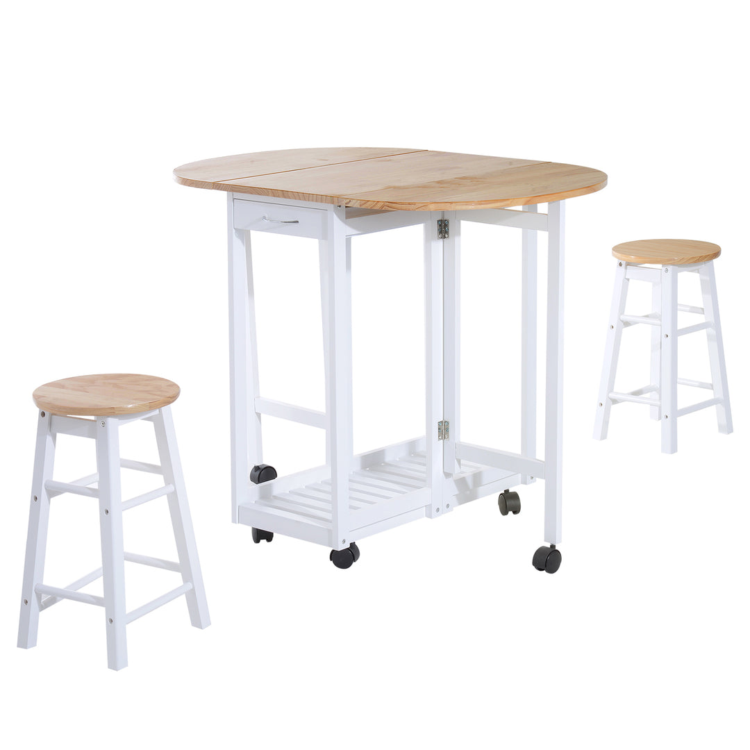 MCL 3 Pieces Dining Room Set, Mobile Foldable Dining Table and 2 Stools with Storage Shelf, 2 Drawers and 6 Wheels, Drop Leaf Bar Table and Stools for Home Kitchen Pub, White