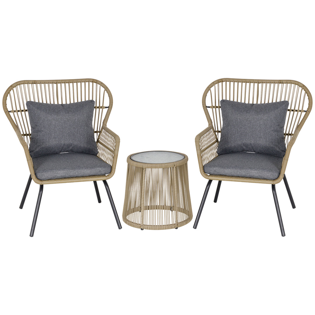3 Pieces Rattan Bistro Set, Wicker Garden Furniture Set with Cushions, Glass Top Coffee Table and Chairs for Outdoor, Patio, Balcony, Brown