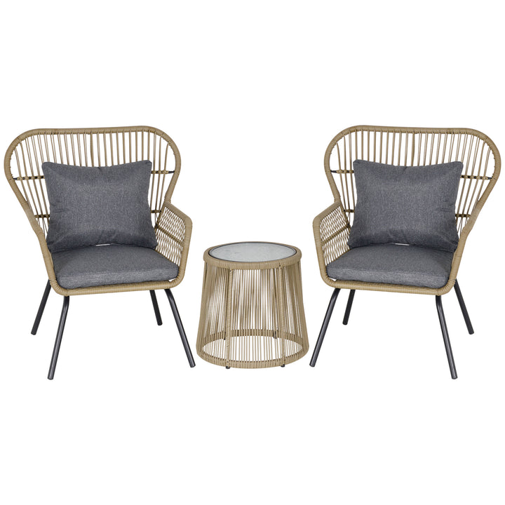 3 Pieces Rattan Bistro Set, Wicker Garden Furniture Set with Cushions, Glass Top Coffee Table and Chairs for Outdoor, Patio, Balcony, Brown