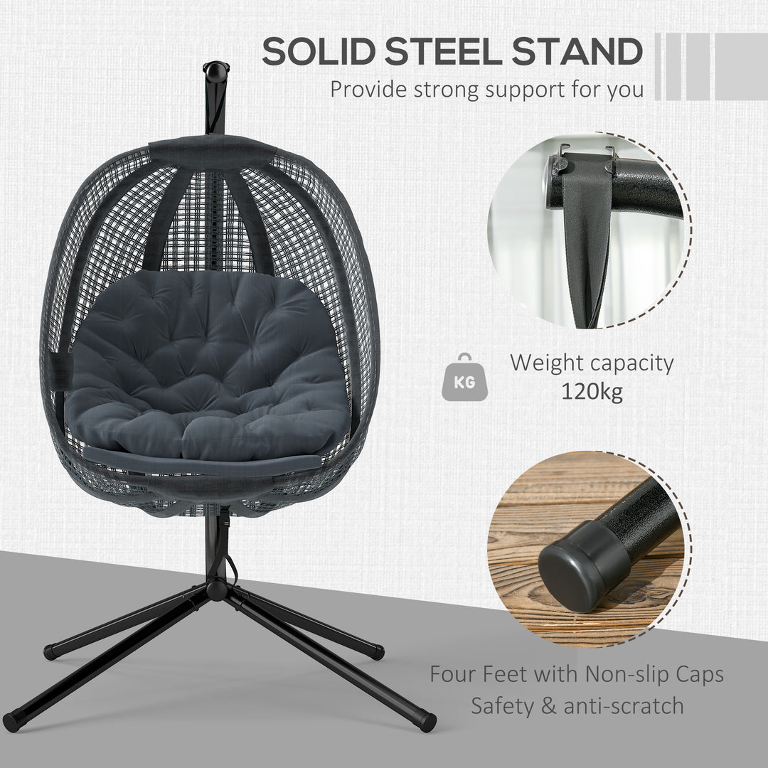 Outdoor Swing Chair with Thick Padded Cushion, Patio Hanging Chair with Metal Stand, Egg Chair with Foldable Basket, Cup Holder, for Indoor and Outdoor, Dark Grey