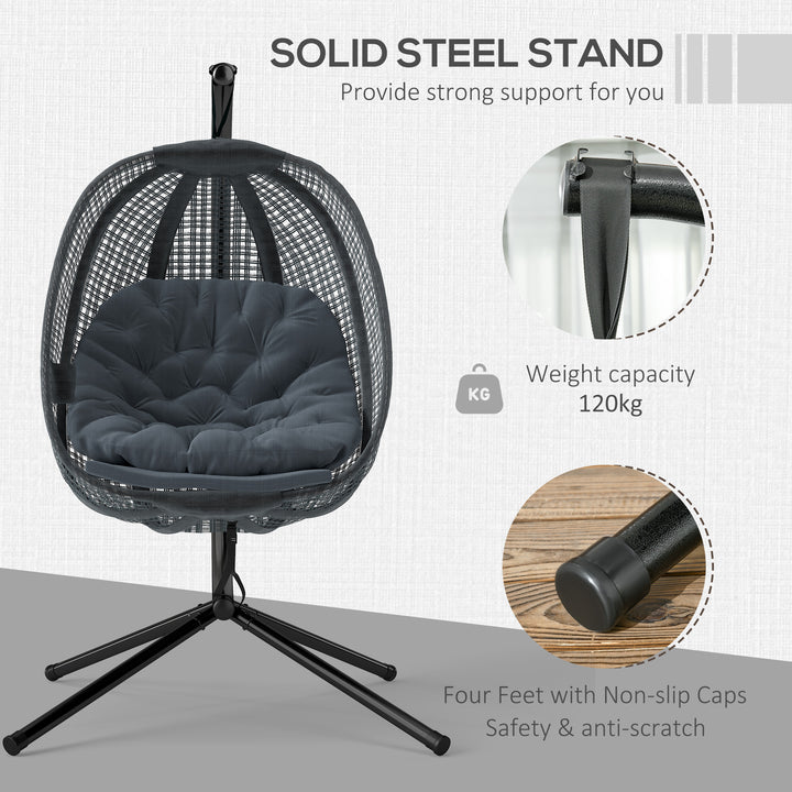 Outdoor Swing Chair with Thick Padded Cushion, Patio Hanging Chair with Metal Stand, Egg Chair with Foldable Basket, Cup Holder, for Indoor and Outdoor, Dark Grey