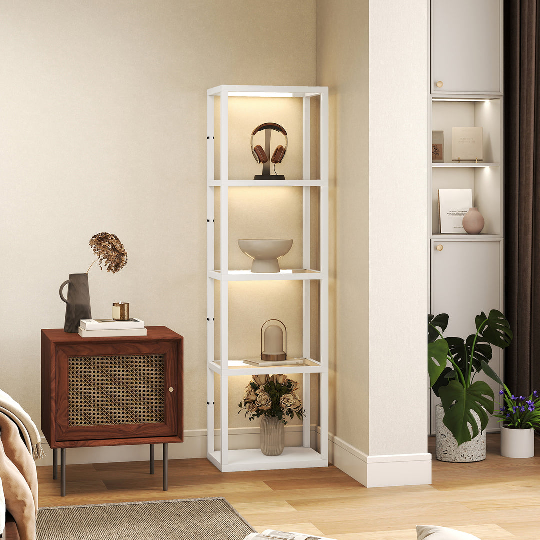 LED Floor Lamp with Glass Shelves, 4 Layers Dimmable Tall Standing Lamp, Modern Column Shelf Floor Light for Living Room, Bedroom, Office, White