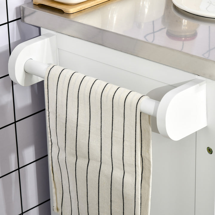 MCL Wooden Kitchen Island on Wheels, Serving Cart Storage Trolley with Stainless Steel Top, Drawer, Side Handle and Rack, White