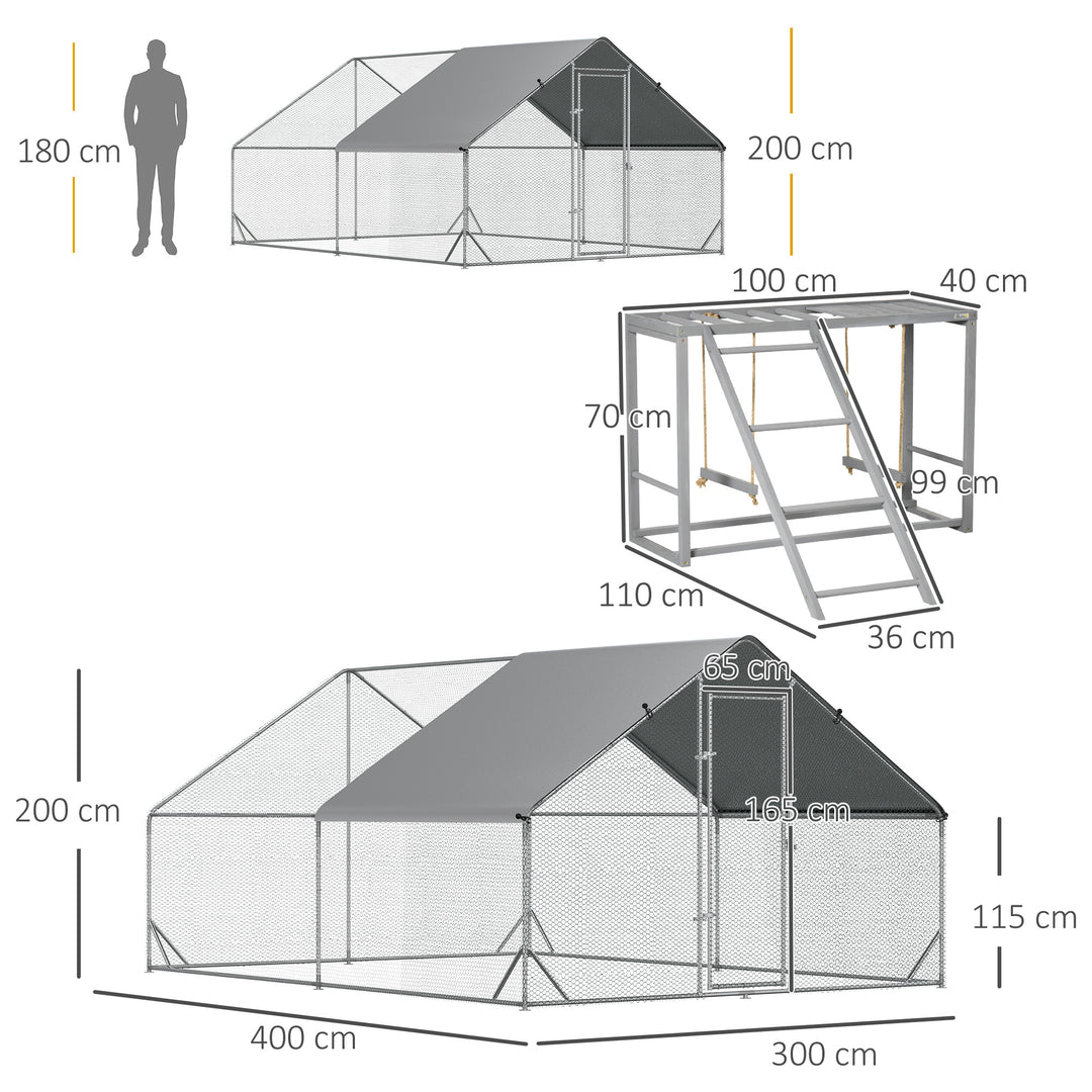 Walk In Chicken Run with Chicken Activity Shelf and Cover, 3 x 4 x 2m
