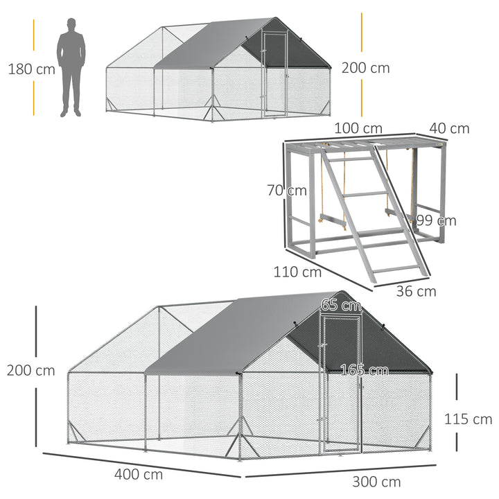 Walk In Chicken Run with Chicken Activity Shelf and Cover, 3 x 4 x 2m