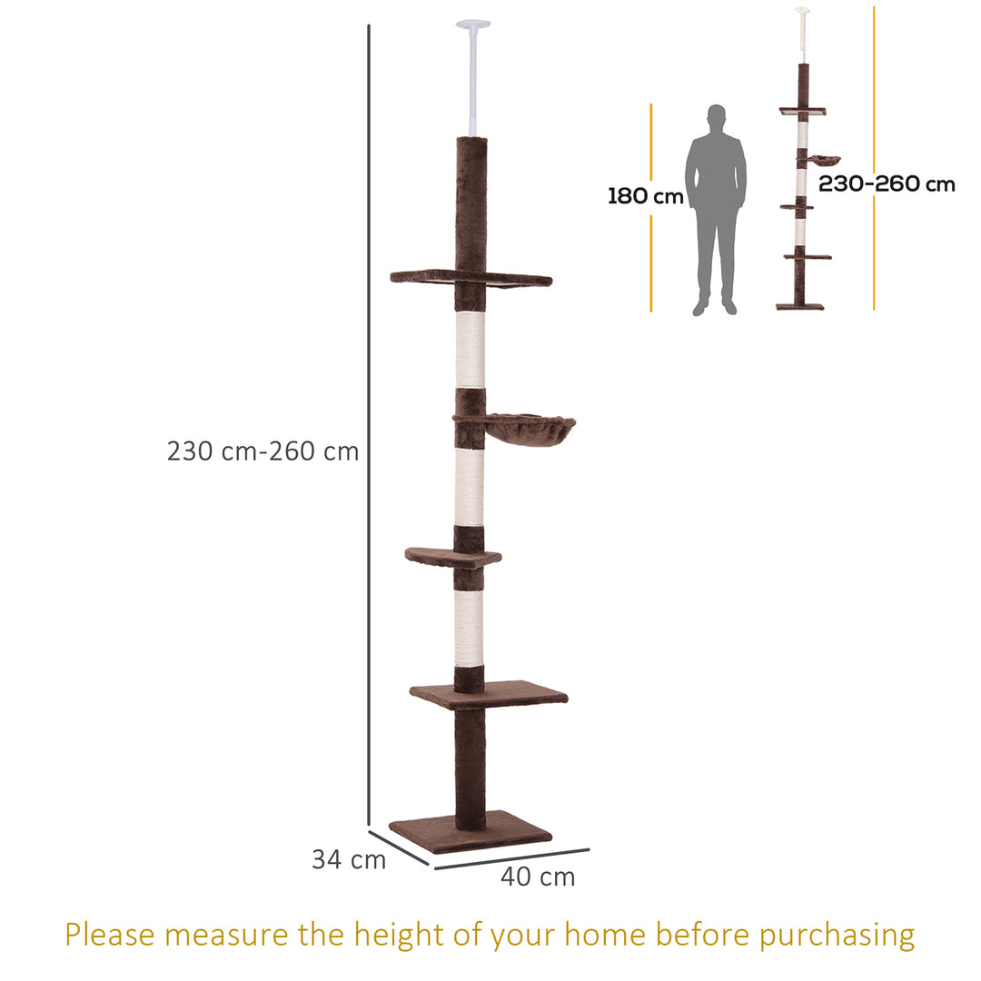 MCL Floor to Ceiling Cat Tree Height Adjustable 230-260cm, 5-Tier Cat Tower with Scratching Post, Hammock, Perches, Climbing Activity Centre for Indoor Kittens, Brown
