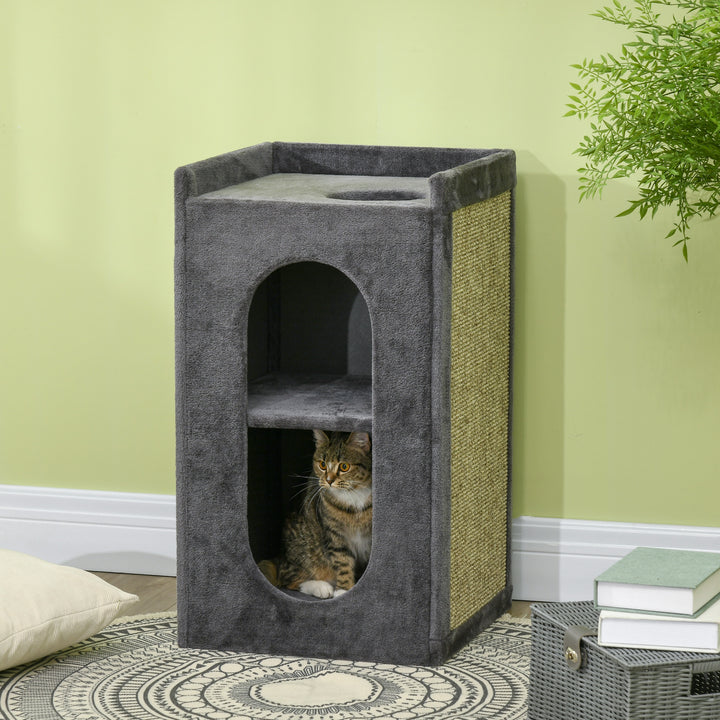 PawHut Feline Playground: Dual-Level Cat Condo with Scratching Barrel, Indoor Activity Tower for Playful Paws, Grey | Aosom UK