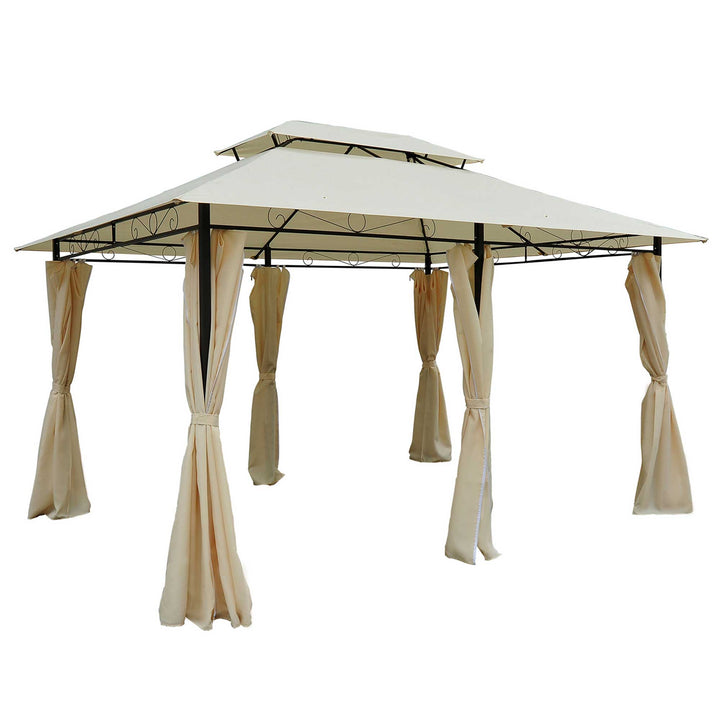 Outsunny Waterproof 4m x 3(m) Metal Gazebo Canopy Party Tent Garden Pavillion Patio Shelter Pavilion with Curtains Sidewalls Beige | Aosom UK