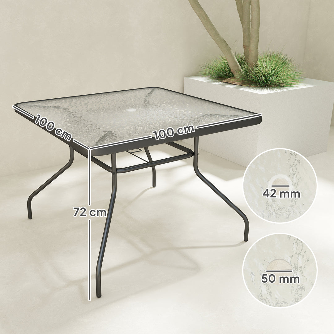 Square Garden Dining Table with Tempered Glass Top & Umbrella Hole, 100 x 100 cm