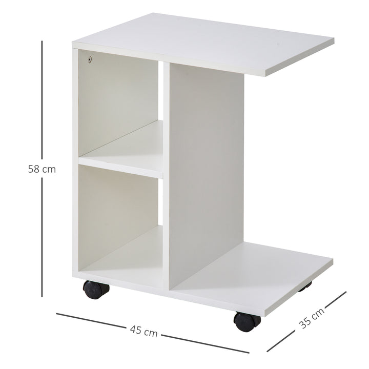 HOMCOM C-Shape End Table Unique Storage Unit w/ 2 Shelves 4 Wheels Freestanding Home Office Furniture Cabinet Square Studio White