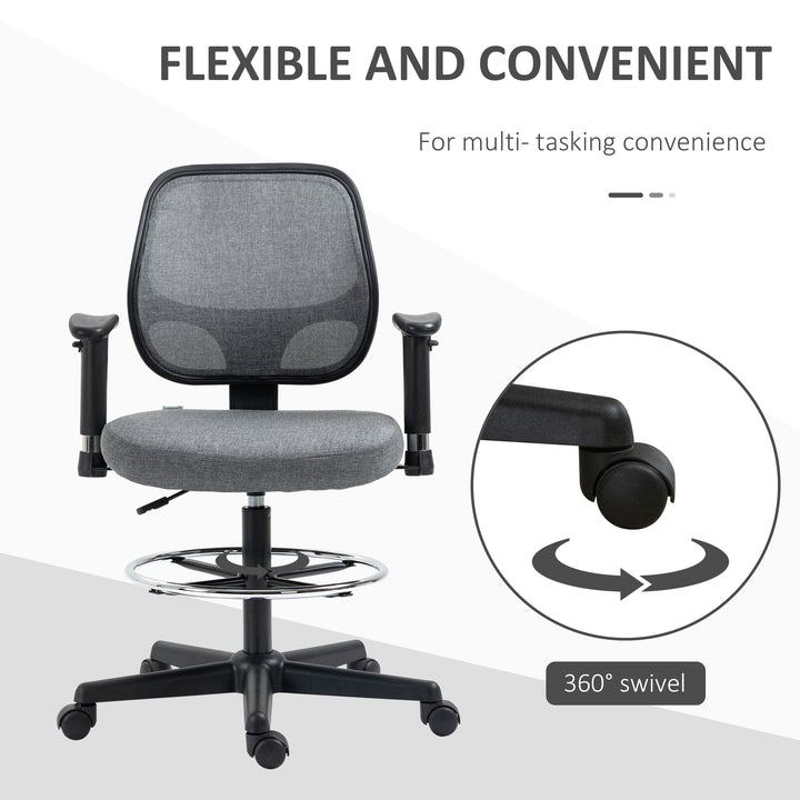Drafting Chair, Fabric Office Chair, Ergonomic Painting Chair with Height Armrest Adjustable and Foot Ring, 360° Swivel Stool Chair for Standing Desk, Grey