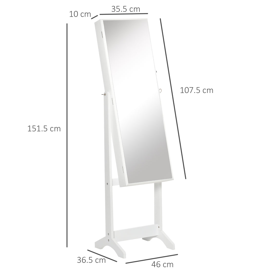 Full Length Mirror with Storage, Jewellery Cabinet with Mirror, Adjustable Angle and Stand, Lockable Jewellery Organiser for Bedroom Dressing Room, White