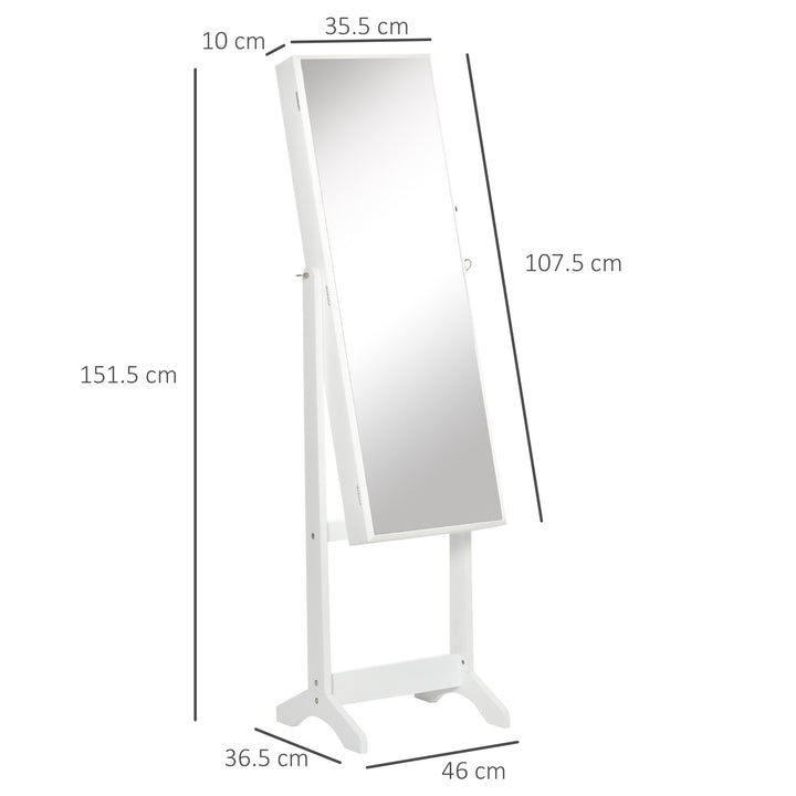 Full Length Mirror with Storage, Jewellery Cabinet with Mirror, Adjustable Angle and Stand, Lockable Jewellery Organiser for Bedroom Dressing Room, White