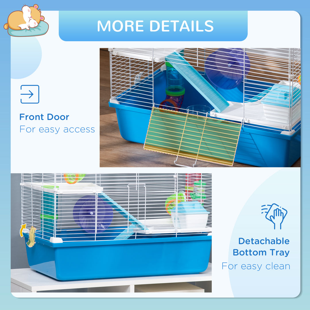 Hamster Cage, Gerbil Cage 3 Tier for Dwarf Hamster with Tube, Exercise Wheel, Water Bottle, Food Dish 59 x 36 x 47 cm- Blue