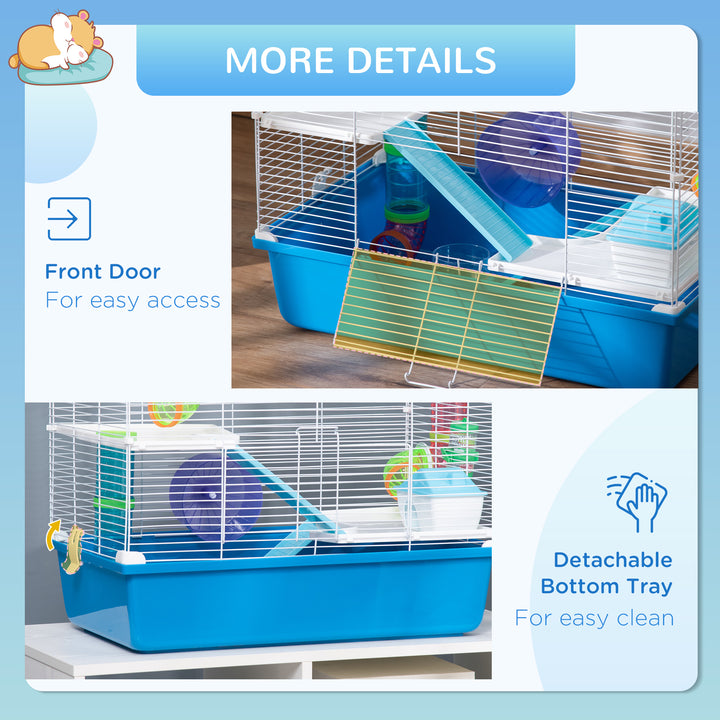 Hamster Cage, Gerbil Cage 3 Tier for Dwarf Hamster with Tube, Exercise Wheel, Water Bottle, Food Dish 59 x 36 x 47 cm- Blue