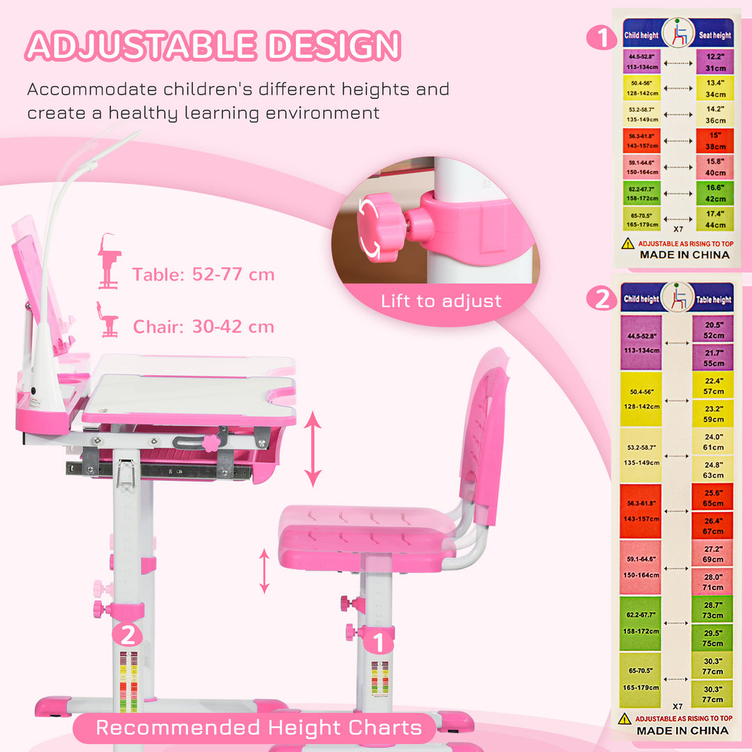 Kids Study Desk and Chair Set w/ Adjustable Height, Storage, Drawer, Pink