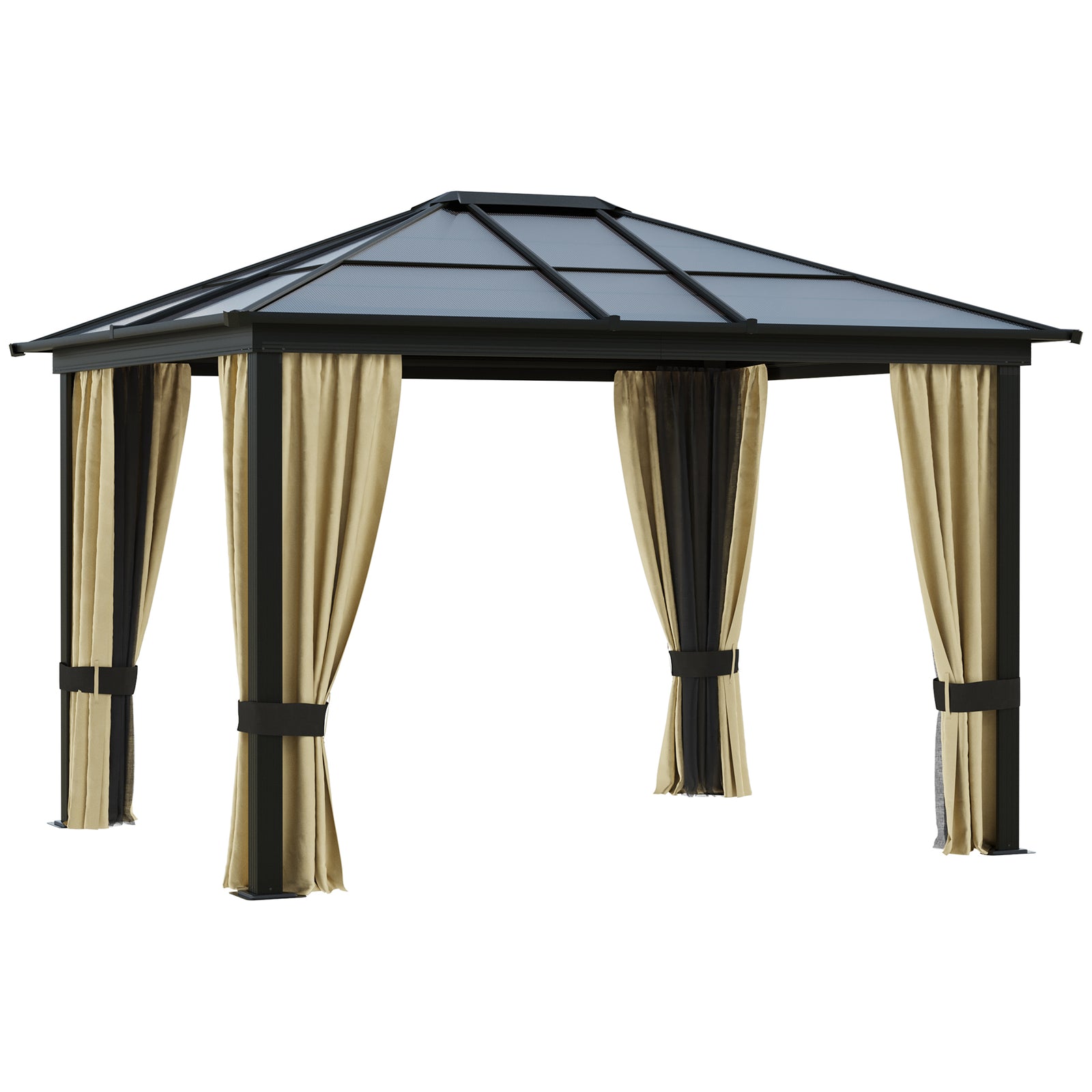 3 x 3.6(m) Hardtop Gazebo Canopy with Polycarbonate Roof and Aluminium Frame, Garden Pavilion with Mosquito Netting and Curtains, Brown