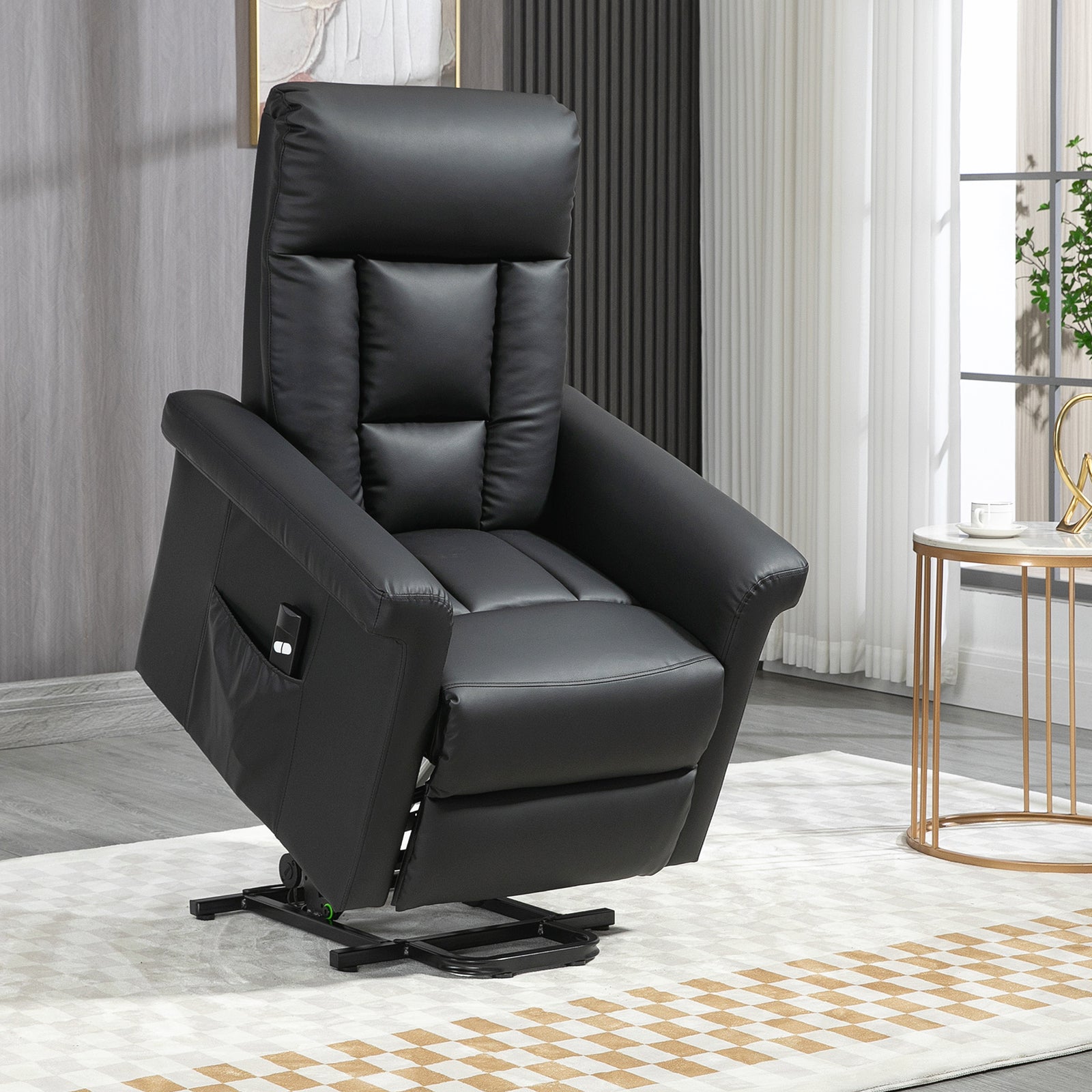 Power Lift Chair Armchair for the Elderly, PU Leather Recliner Chair with Extended Footrest, Remote Control and Side Pocket, Black