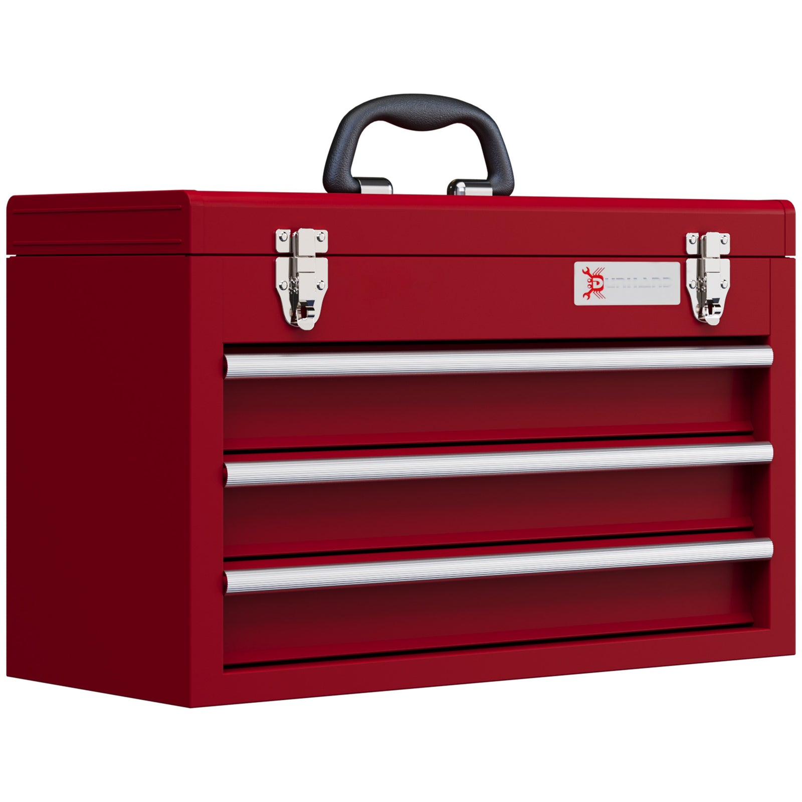 Lockable Metal Tool Box, 3 Drawer Tool Chest with Latches, Handle, Ball Bearing Runners, Red