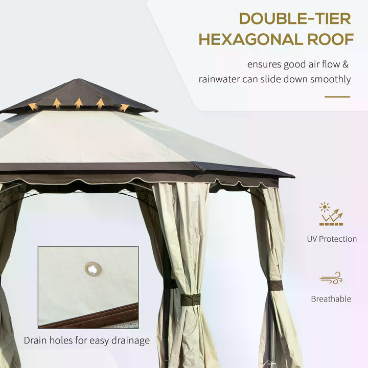 Outsunny 3.4m Steel Gazebo Canopy Party Tent Garden Pavilion Patio Shelter with Curtains & 2 Tier Roof, Beige