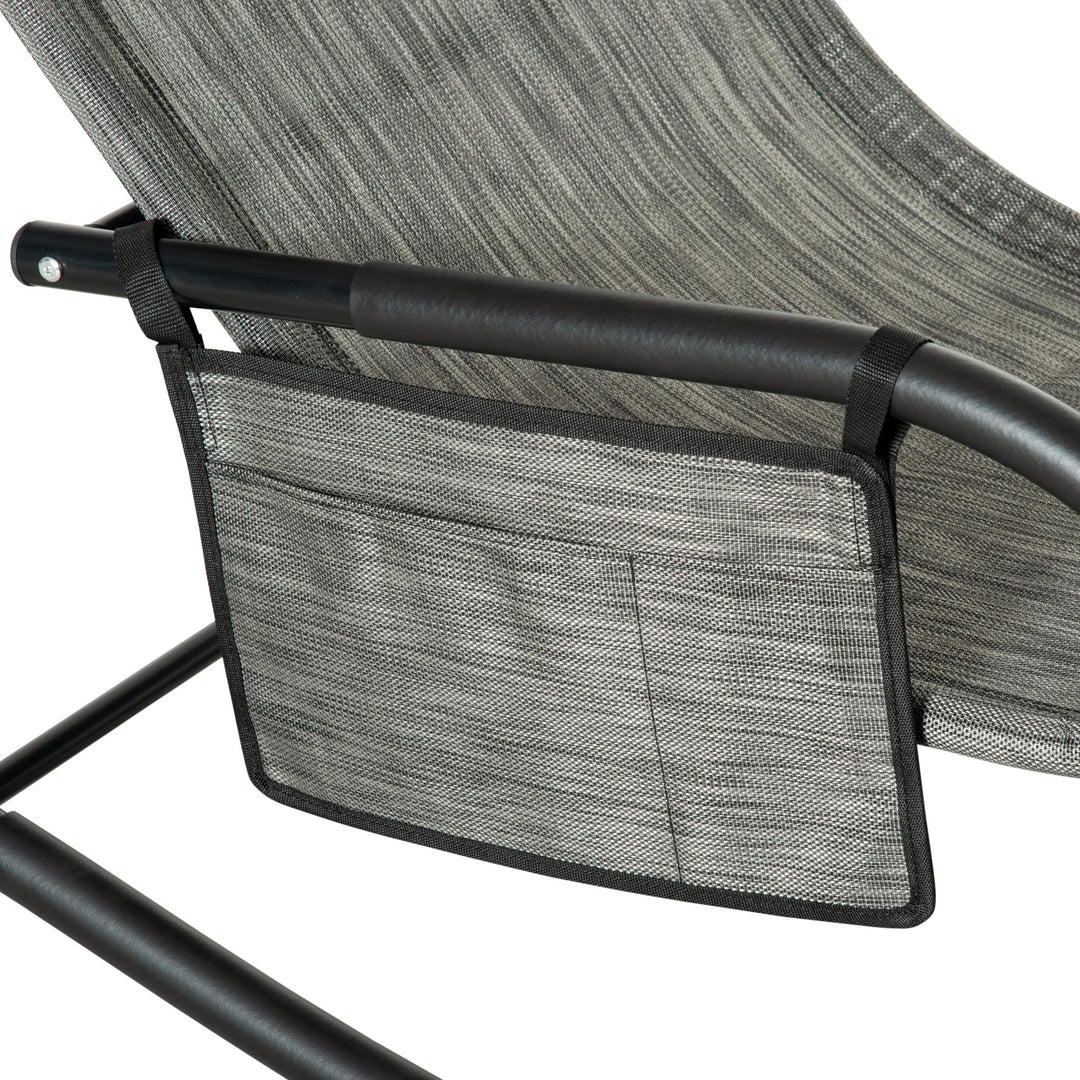 Outdoor Garden Rocking Chair, Patio Sun Lounger Rocker Chair with Breathable Mesh Fabric, Removable Headrest Pillow, Armrest, Side Storage Bag, Dark Grey