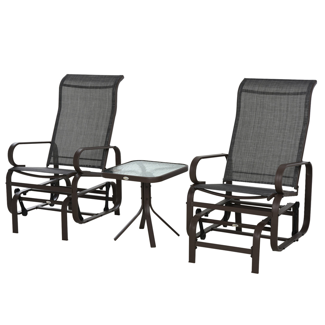 3 Pieces Garden Gliding Chair Set, Metal Frame 2 Single Armchair Swing Seater and 1 Glass Top Coffee Table w/ Breath Mesh Fabric Seat, Brown