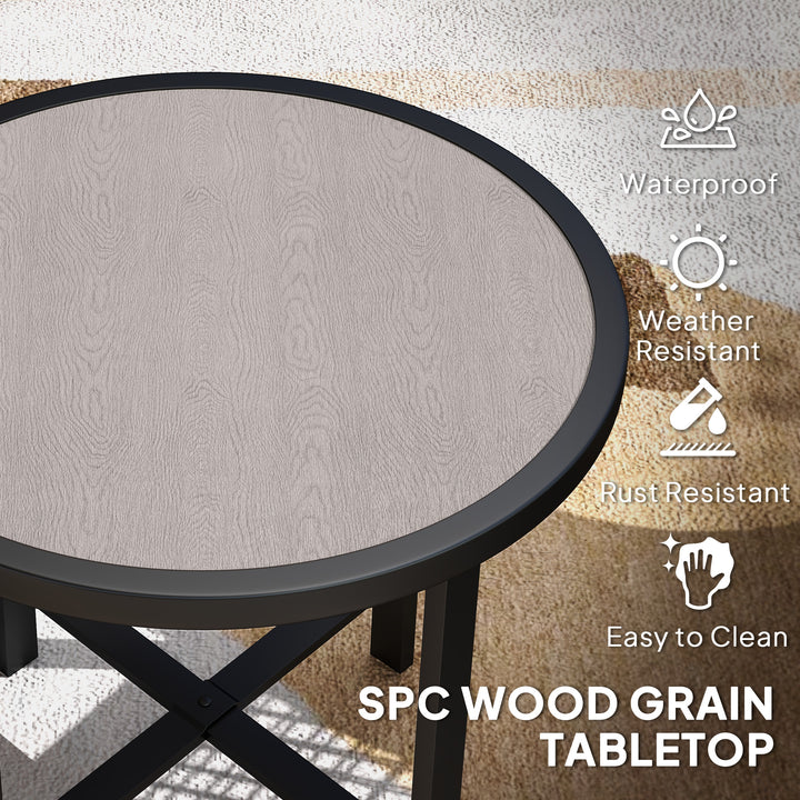 Round Small Garden Table, 50.5cm Outdoor Side Table with SPC Tabletop, Metal Frame and Anti-slip Foot Pads for Garden, Balcony, Grey Wood Effect