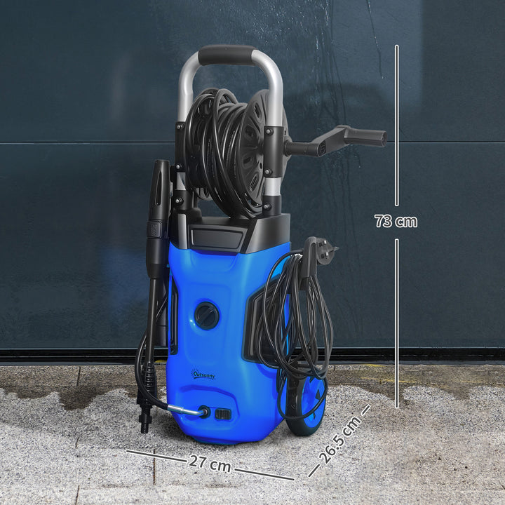 1800W High Pressure Washer, 150 Bar Pressure, 420 L/h Flow, Portable Power Washer Jet Wash Cleaner with Adjustable Nozzle, 6M Hose, Hose Reel, Steel Handle for Home Patio Car Driveway, Blue