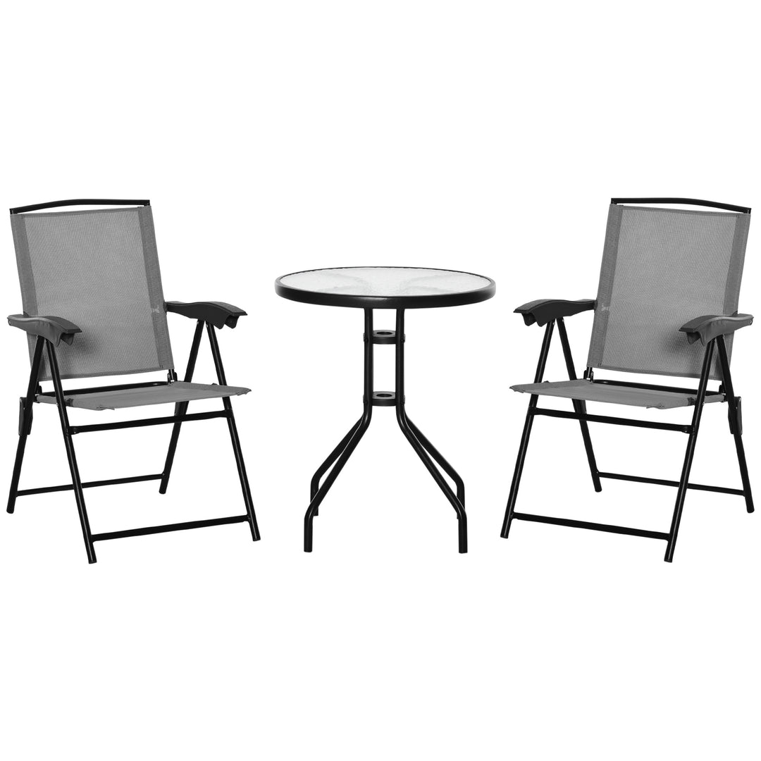 3 Piece Outdoor Bistro Set, Patio Conversation Furniture Set with 2 Folding Backrest Adjustable Armchairs and Glass Top Coffee Table, Grey