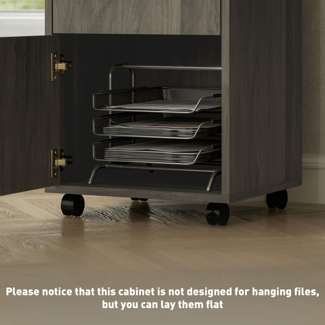 60cm Filing Cabinet with Drawer, Open Shelf, Metal Handles and 4 Wheels, Office Home Organiser Mobile Printer, Grey