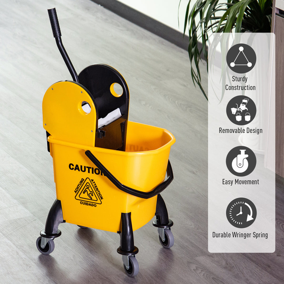 HOMCOM 26L Mop Bucket & Water Wringer w/ 4 Wheels Plastic Body Metal Handle Pole Holder Home Commercial Cleaning Floor Cart Yellow | Aosom UK