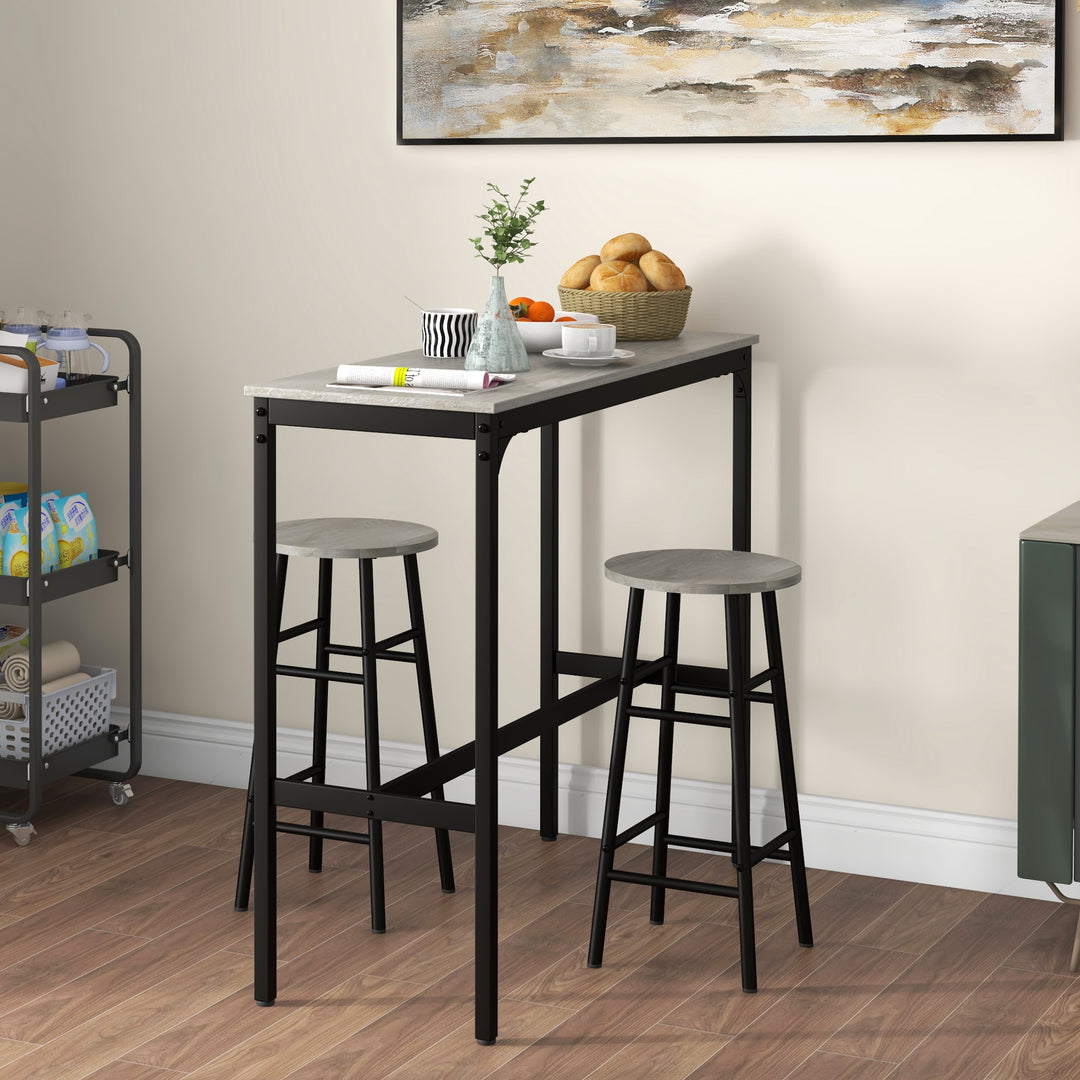 3 Piece Bar Table Set with 2 Stools, Industrial Bar Table and Stool Set, Dining Table and Chair Set, Grey
