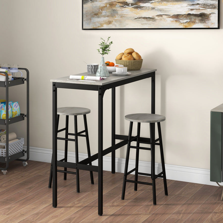 3 Piece Bar Table Set with 2 Stools, Industrial Bar Table and Stool Set, Dining Table and Chair Set, Grey