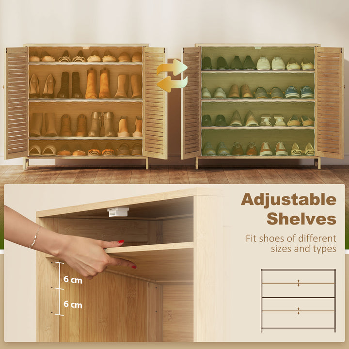 Bamboo Shoe Cabinet with Louvered Doors, 14 Pairs Shoe Storage Cabinet