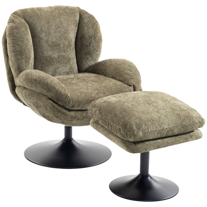 Modern Chenille Lazy Chair with Ottoman, 360° Swivel, Upholstered - Dark Green