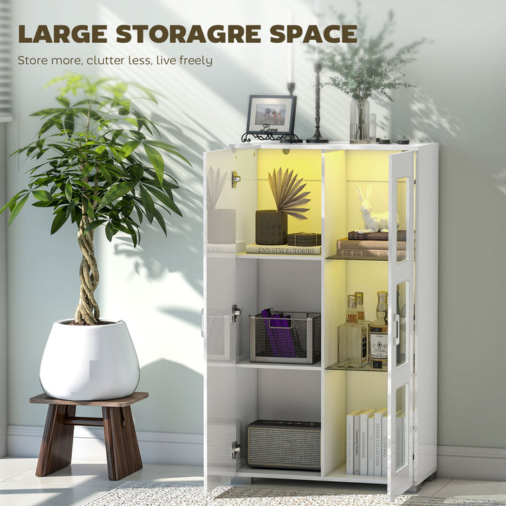 High Gloss Sideboard, Display Cabinet with 16-Colour RGB LED Lights and Remote Control, Modern Storage Cupboard with Glass Doors and Shelves for Living Room, Dining Room, Kitchen, White
