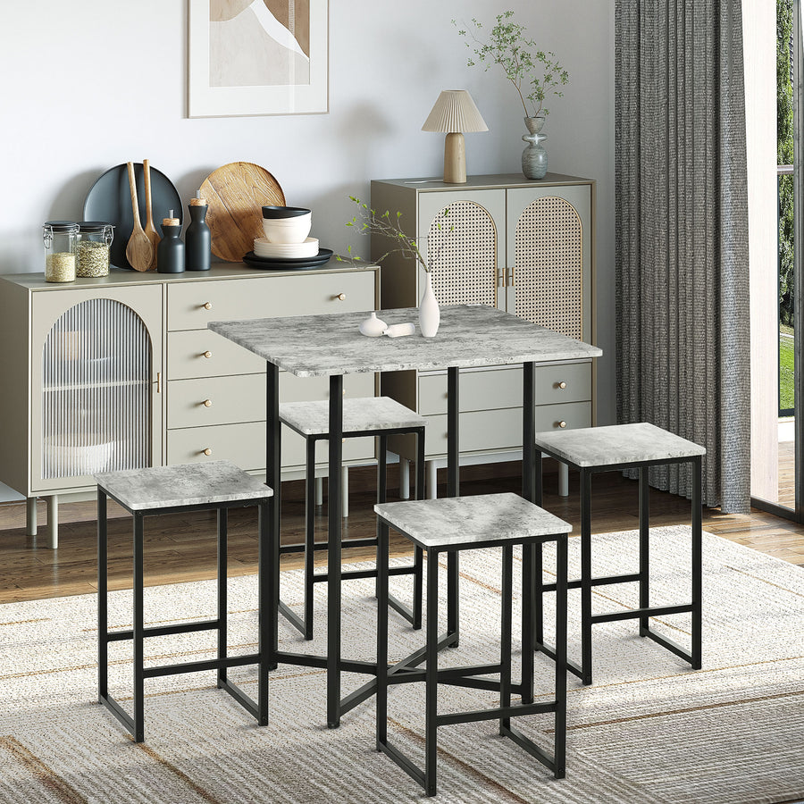 5pc Bar Table Set, Square Dining Table Set for 4 People, Home Kitchen Breakfast Bar Set with Steel Frame and Footrest, Concrete Grey