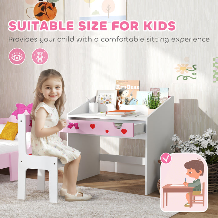 AIYAPLAY Children Study Table and Chair, Kids Desk and Chair Set with Storage, Pull-Out Drawer, for Ages 3-6 Years, Pink