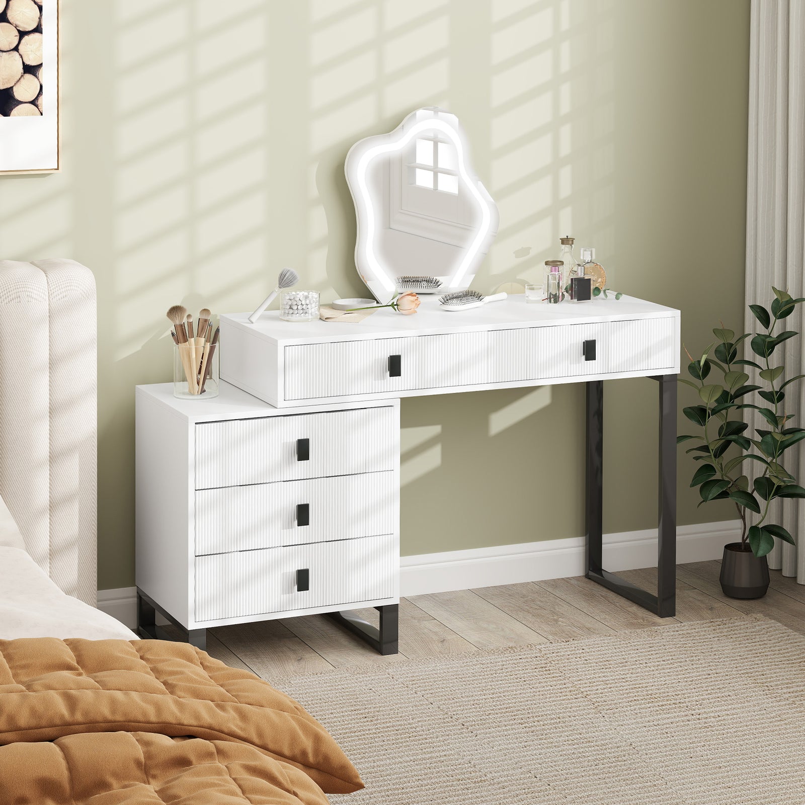LED Lighted Dressing Table with Leaf Shape Mirror, Modern Vanity Desk with 5 Drawers, Makeup Desk with Fluted Panels, White