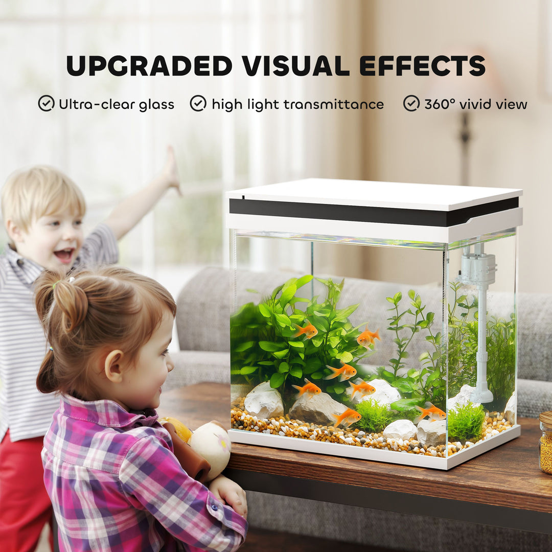 26L Glass Fish Tank With Filter System, LED Lights, Water Pump, White