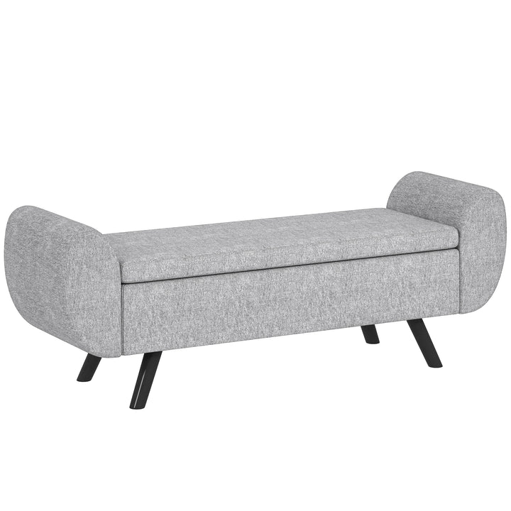 Storage Ottoman with Armrest, Upholstered Linen Storage Bench, Window Seat with Rubberwood Legs, Footstool for Bedroom Living Room, Hallway, Dark Grey