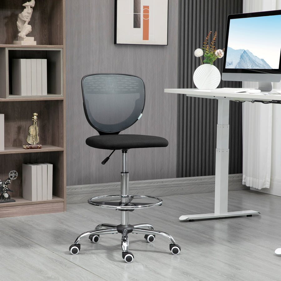 Drafting Chair, Swivel Office Draughtsman Chair, Mesh Standing Desk Chair with Adjustable Foot Ring, Armless, Grey