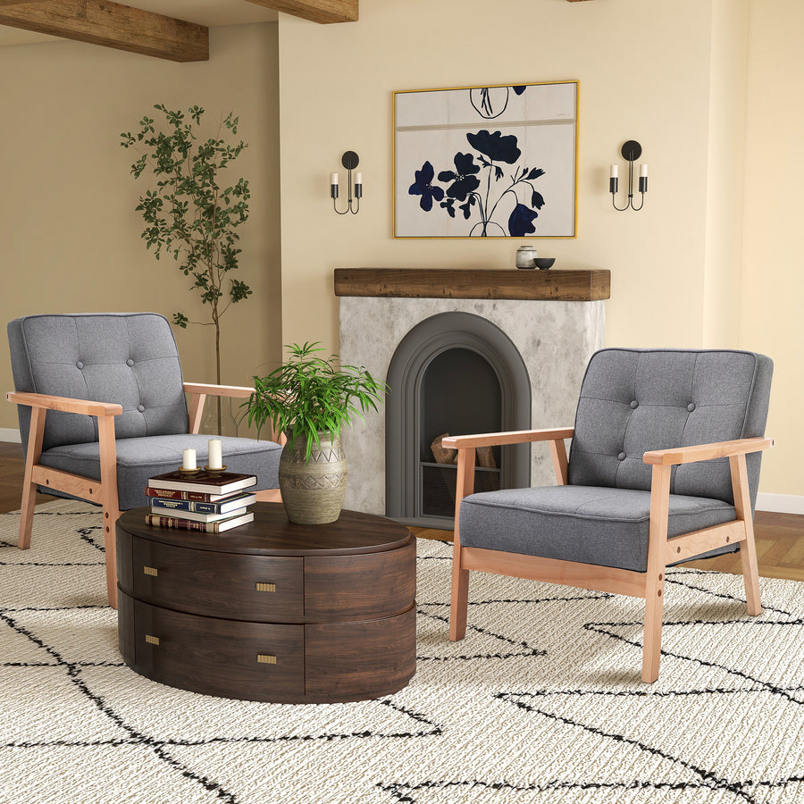 Armchair, Linen Fabric Accent Chair, Occasional Chair with Beech Wood Frame for Living Room, Reception, Bedroom, Balcony, Set of 2, Grey and Natural