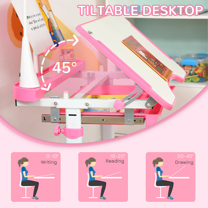 Kids Study Desk and Chair Set w/ Adjustable Height, Storage, Drawer, Pink