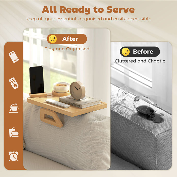 Anti-Slip Sofa Armrest Tray, Bamboo Sofa Arm Tray with 360° Phone Hold