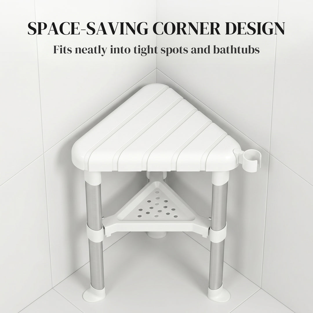 Shower Stool, Aluminium Alloy Corner Shower Chair with Storage Shelf a